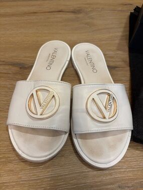 Valentino White Leather Slide Mules with Gold Logo